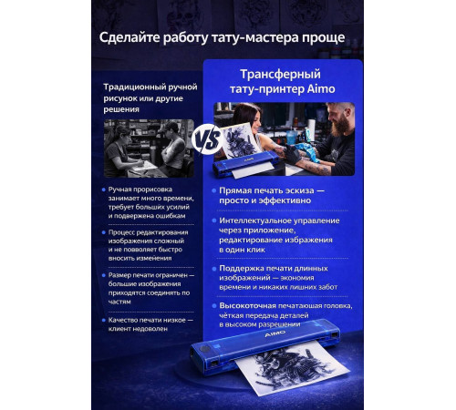 Беспроводной трансферный тату принтер Aimo Blue T08F Blue